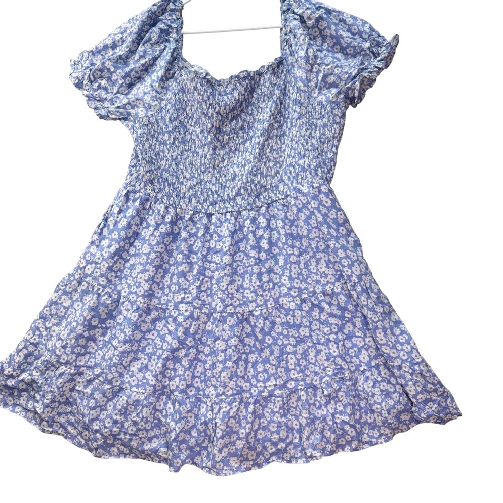 Arula Mini Dress Womens B Blue Smocked Bodice Floral Tiered Pockets Cottagecore